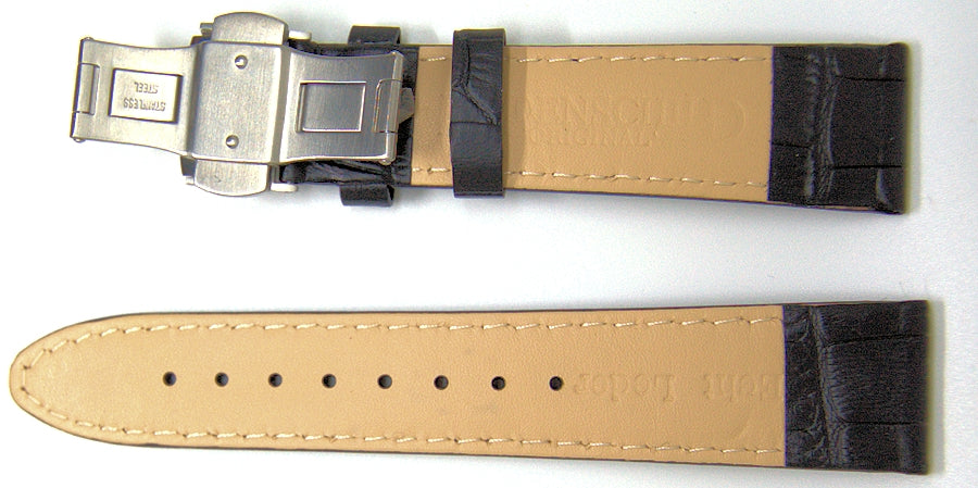 NOS 20mm black leather watch strap with stainless deployant,minutemanwatches,Minuteman Watch Company,Watch Strap